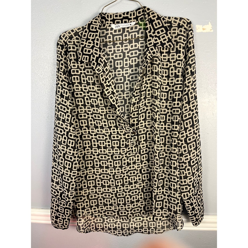 ZARA Geometric Print Blouse Retro Chain Link Women S Black Cream Workwear Top